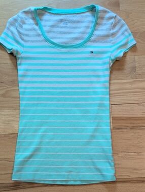 Tommy Hilfiger Women's Mint & White Striped Scoop Neck Tee
